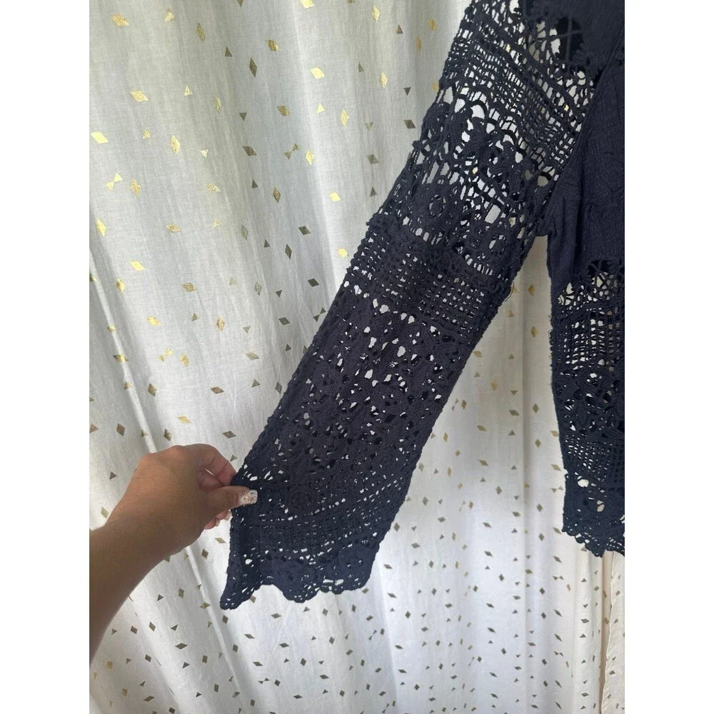 Anthropologie Deletta Navy Bohemian Crochet Lace Embroider Blouse Cover Up Top M